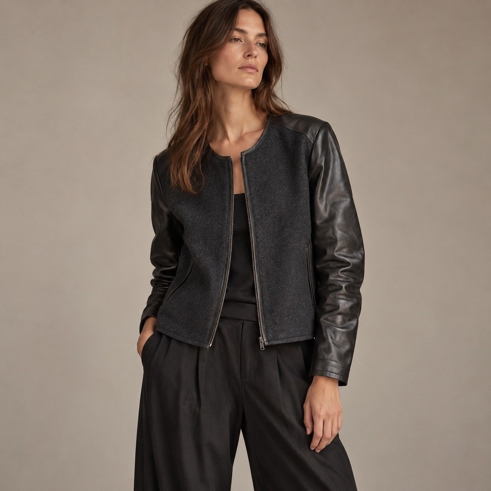 Eileen Fisher Mixed Media Merino Wool Leather Jacket Black Sz SP